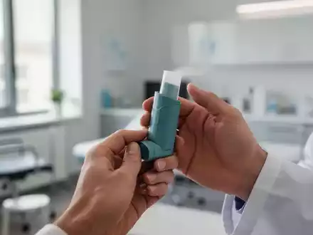 Nahaufnahme einer medizinischen Fachkraft, die in einer klinischen Umgebung einen Trockenpulverinhalator in der Hand hält. - Foto: über boerse-global.de