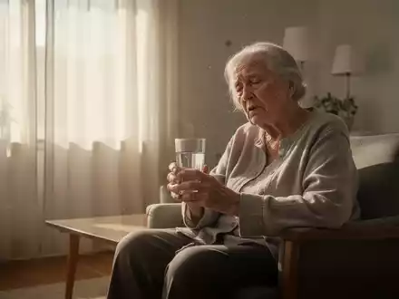 Erschöpfte Person in einem sonnendurchfluteten Raum während einer Hitzewelle mit einem Glas Wasser. - Foto: über boerse-global.de