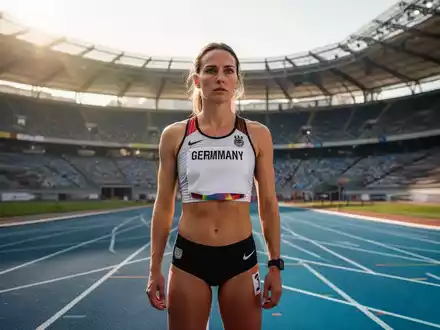 Eine professionelle Sprinterin in Sportkleidung auf einer blauen Leichtathletikbahn in einem sonnigen Stadion. - Foto: über boerse-global.de