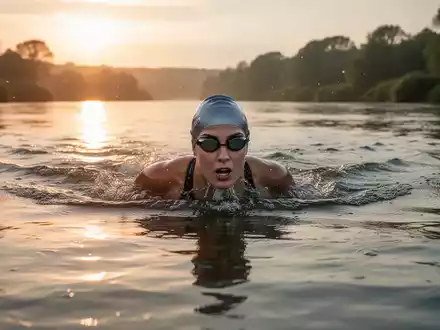 Eine Extremschwimmerin beim Schwimmen in einem Fluss im Licht der aufgehenden Sonne. - Foto: über boerse-global.de