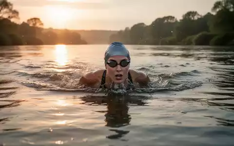 Eine Extremschwimmerin beim Schwimmen in einem Fluss im Licht der aufgehenden Sonne. - Foto: über boerse-global.de