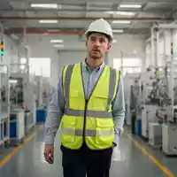 Ein Arbeitsschutzinspektor in Warnweste und Schutzhelm bei der Begehung einer modernen Produktionshalle. - Foto: über boerse-global.de