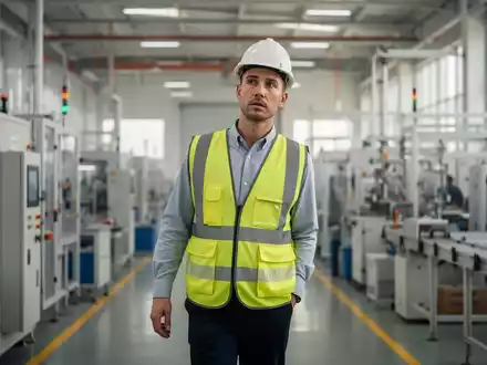 Ein Arbeitsschutzinspektor in Warnweste und Schutzhelm bei der Begehung einer modernen Produktionshalle. - Foto: über boerse-global.de