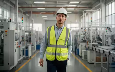 Ein Arbeitsschutzinspektor in Warnweste und Schutzhelm bei der Begehung einer modernen Produktionshalle. - Foto: über boerse-global.de