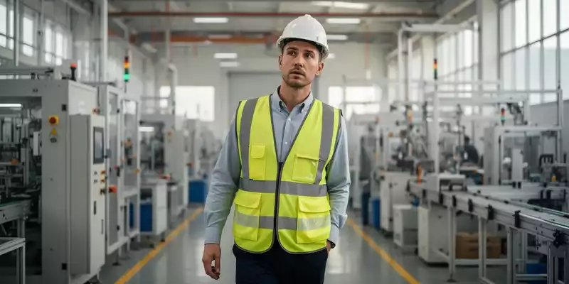 Ein Arbeitsschutzinspektor in Warnweste und Schutzhelm bei der Begehung einer modernen Produktionshalle. - Foto: über boerse-global.de