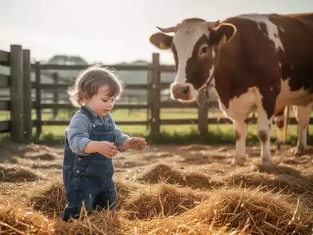 Ein Kind spielt in einer sonnigen, bäuerlichen Umgebung in der Nähe einer Kuh. - Foto: über boerse-global.de