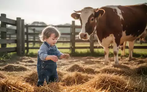 Ein Kind spielt in einer sonnigen, bäuerlichen Umgebung in der Nähe einer Kuh. - Foto: über boerse-global.de