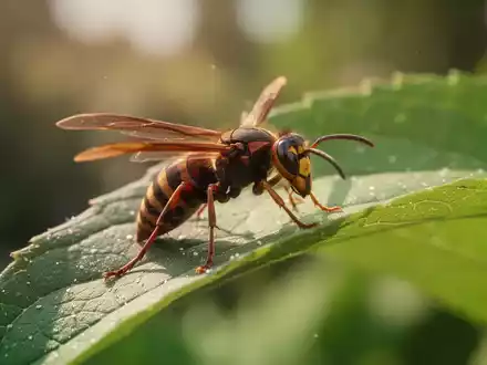 Eine einzelne Wespe sitzt auf einem grĂŒnen Blatt in einem sonnigen Garten bei sommerlichem Licht. - Foto: ĂŒber boerse-global.de