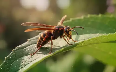 Eine einzelne Wespe sitzt auf einem grünen Blatt in einem sonnigen Garten bei sommerlichem Licht. - Foto: über boerse-global.de