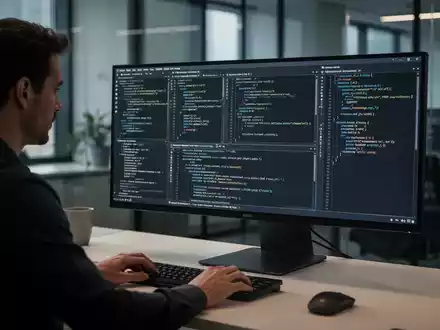 Ein Entwickler arbeitet an einem modernen Computerarbeitsplatz mit komplexen Code-Strukturen auf dem Monitor. - Foto: über boerse-global.de