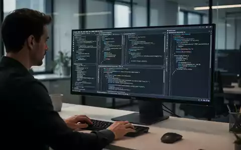 Ein Entwickler arbeitet an einem modernen Computerarbeitsplatz mit komplexen Code-Strukturen auf dem Monitor. - Foto: über boerse-global.de