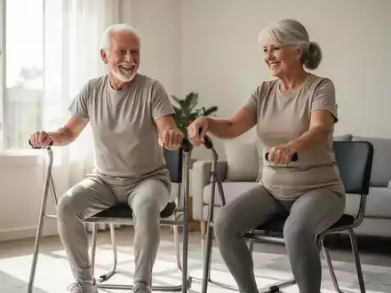 Ein älteres Paar führt in einem hellen Wohnzimmer gemeinsam gesundheitsfördernde Fitnessübungen mit einem Stuhl durch. - Foto: über boerse-global.de