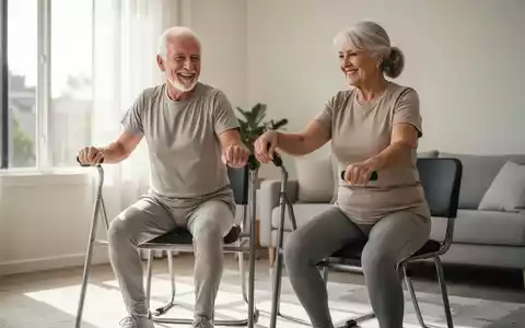 Ein älteres Paar führt in einem hellen Wohnzimmer gemeinsam gesundheitsfördernde Fitnessübungen mit einem Stuhl durch. - Foto: über boerse-global.de