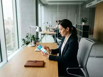 Eine Person hält ein Smartphone in einem modernen Bürogebäude, das für sichere digitale Zahlungen steht. - Foto: über boerse-global.de