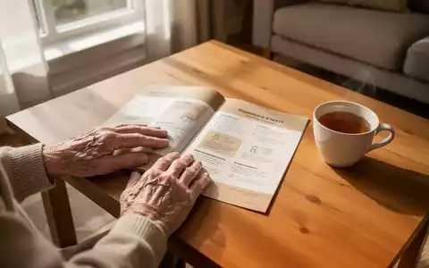 Ein älteres Paar Hände ruht auf einem Holztisch neben einer Informationsbroschüre in einem hellen, freundlichen Wohnraum. - Foto: über boerse-global.de