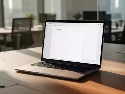 Ein moderner, aufgeräumter Büroarbeitsplatz mit einem Laptop auf einem Holztisch bei natürlichem Tageslicht. - Foto: über boerse-global.de