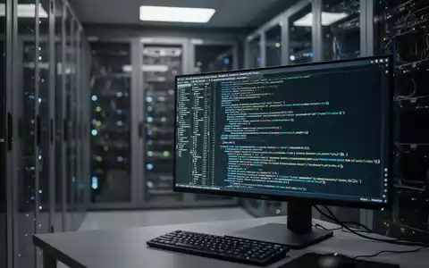 Ein moderner Serverraum mit einer Workstation, auf deren Monitor komplexe Programmiercodes zu sehen sind. - Foto: über boerse-global.de