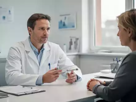 Ein Arzt im Gespräch mit einem Patienten in einer modernen Arztpraxis, während er ein medizinisches Injektionsgerät hält. - Foto: über boerse-global.de