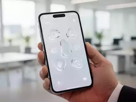 Ein iPhone in der Hand eines Nutzers, das eine moderne Benutzeroberfläche mit transparenten App-Symbolen anzeigt. - Foto: über boerse-global.de