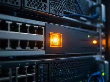 Blinkende Warnleuchte an einem Server-Rack in einem modernen Rechenzentrum als Symbol für IT-Sicherheitsrisiken. - Foto: über boerse-global.de