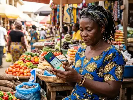 Ein Unternehmer in einem ghanaischen Markt nutzt ein Smartphone für eine digitale Zahlungstransaktion. - Foto: über boerse-global.de