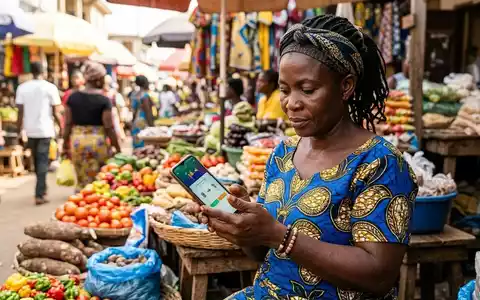 Ein Unternehmer in einem ghanaischen Markt nutzt ein Smartphone für eine digitale Zahlungstransaktion. - Foto: über boerse-global.de