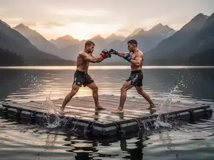Zwei Männer beim MMA-Sparring auf einer schwimmenden Plattform in einem Bergsee bei natürlichem Licht. - Foto: über boerse-global.de