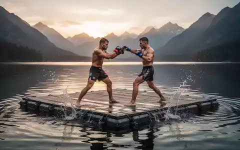 Zwei Männer beim MMA-Sparring auf einer schwimmenden Plattform in einem Bergsee bei natürlichem Licht. - Foto: über boerse-global.de