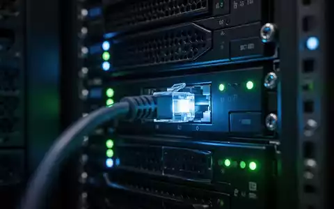 Dunkler Serverraum mit blinkenden blauen und grünen LED-Statusleuchten an Rack-Servern, die eine digitale Bedrohung symbolisieren. - Foto: über boerse-global.de