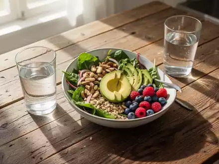 Ein gesundes, buntes Gericht mit frischem Salat, Avocado und Nüssen auf einem Holztisch bei natürlichem Tageslicht. - Foto: über boerse-global.de