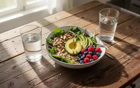 Ein gesundes, buntes Gericht mit frischem Salat, Avocado und Nüssen auf einem Holztisch bei natürlichem Tageslicht. - Foto: über boerse-global.de