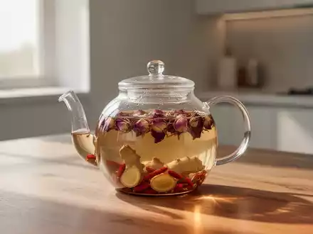 Eine Glaskanne mit Kräutertee, in der getrocknete Rosenblüten, Goji-Beeren und Ingwerstücke in warmem Licht zu sehen sind. - Foto: über boerse-global.de