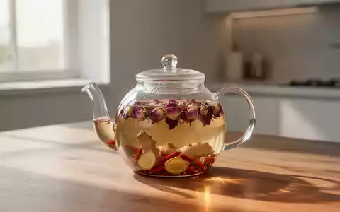 Eine Glaskanne mit Kräutertee, in der getrocknete Rosenblüten, Goji-Beeren und Ingwerstücke in warmem Licht zu sehen sind. - Foto: über boerse-global.de