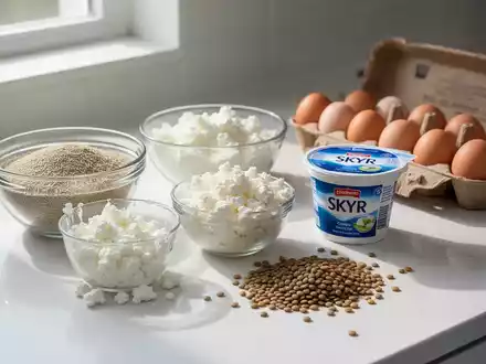 Verschiedene gesunde Lebensmittel wie Skyr, Hüttenkäse, Flohsamenschalen und Eier auf einer Küchenarbeitsplatte. - Foto: über boerse-global.de