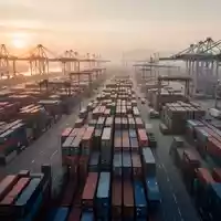 Ein geschäftiger Industriehafen mit gestapelten Frachtcontainern bei Sonnenaufgang, symbolisch für den internationalen Warenverkehr. - Foto: über boerse-global.de