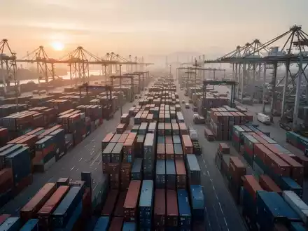 Ein geschäftiger Industriehafen mit gestapelten Frachtcontainern bei Sonnenaufgang, symbolisch für den internationalen Warenverkehr. - Foto: über boerse-global.de