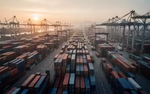 Ein geschäftiger Industriehafen mit gestapelten Frachtcontainern bei Sonnenaufgang, symbolisch für den internationalen Warenverkehr. - Foto: über boerse-global.de