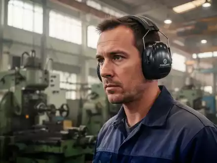 Ein Industriearbeiter trägt professionellen Gehörschutz in einer modernen Fabrikhalle. - Foto: über boerse-global.de