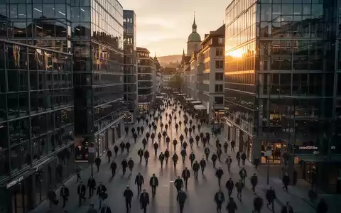 Geschäftiges Finanzviertel in Zürich bei Dämmerung mit modernen Bürogebäuden und Passanten. - Foto: über boerse-global.de