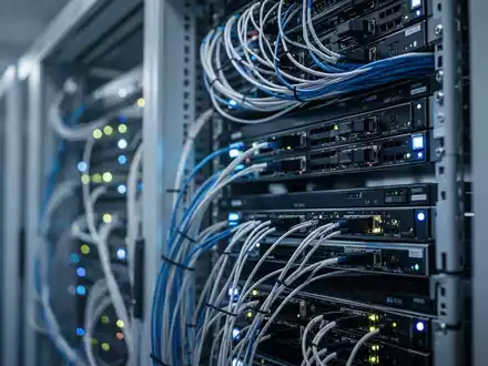 Ein modern beleuchteter Serverraum mit Glasfaserkabeln und technischer Hardware in professioneller Nahaufnahme. - Foto: über boerse-global.de