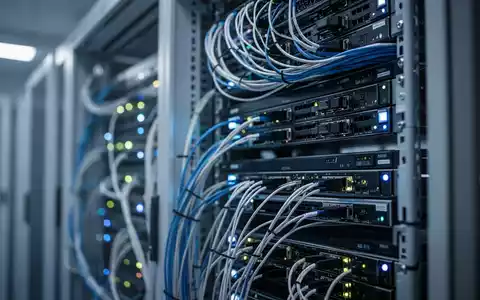 Ein modern beleuchteter Serverraum mit Glasfaserkabeln und technischer Hardware in professioneller Nahaufnahme. - Foto: über boerse-global.de