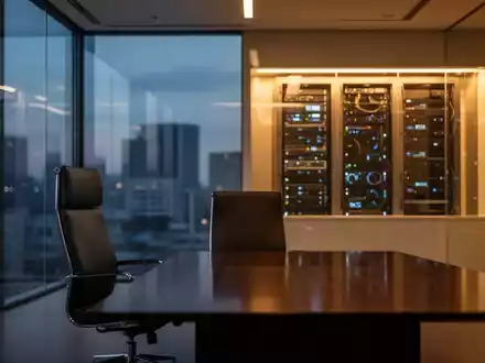 Ein leerer Bürostuhl an einem Konferenztisch in einem modernen, minimalistischen Bürogebäude bei Dämmerung. - Foto: über boerse-global.de