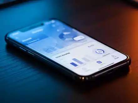 Ein Smartphone mit einer abstrakten Banking-App auf einem dunklen Schreibtisch, beleuchtet durch atmosphärisches Licht. - Foto: über boerse-global.de