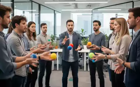Eine Gruppe von Mitarbeitern in einem modernen Büro beim Jonglieren zur Steigerung der kognitiven Resilienz. - Foto: über boerse-global.de