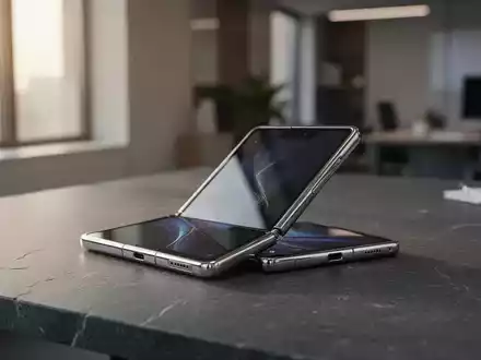 Ein hochwertiges, faltbares Smartphone liegt leicht geöffnet auf einem dunklen Steintisch in einem modernen Büro. - Foto: über boerse-global.de