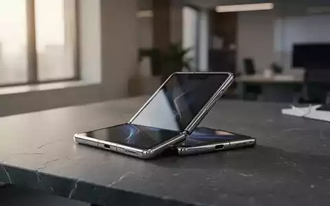 Ein hochwertiges, faltbares Smartphone liegt leicht geöffnet auf einem dunklen Steintisch in einem modernen Büro. - Foto: über boerse-global.de