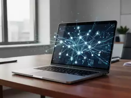 Modernes Laptop auf einem Holztisch in einem hellen Büro, das abstrakte digitale Datenknoten eines KI-Arbeitsplatzes anzeigt. - Foto: über boerse-global.de