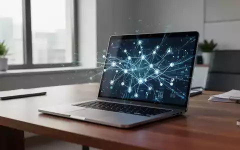 Modernes Laptop auf einem Holztisch in einem hellen Büro, das abstrakte digitale Datenknoten eines KI-Arbeitsplatzes anzeigt. - Foto: über boerse-global.de