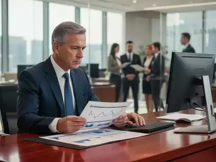 Ein Bankmanager prüft konzentriert Finanzunterlagen an einem modernen Schreibtisch in einem Büro. - Foto: über boerse-global.de
