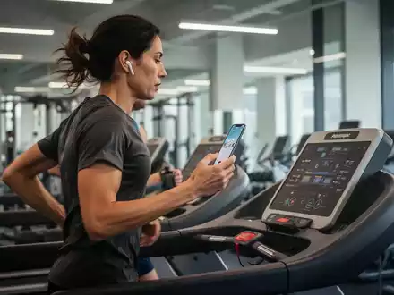 Eine Person trainiert auf einem Laufband in einem Fitnessstudio und nutzt ein iPhone zur Kopplung mit dem Gerät. - Foto: über boerse-global.de